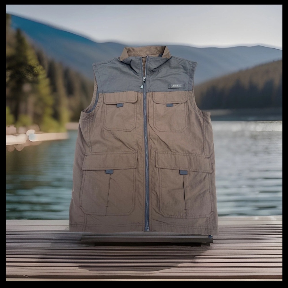EDDIE BAUER Blu/brown Utility Fishing Camping Hiking Outdoors Men’s Vest Sz Med